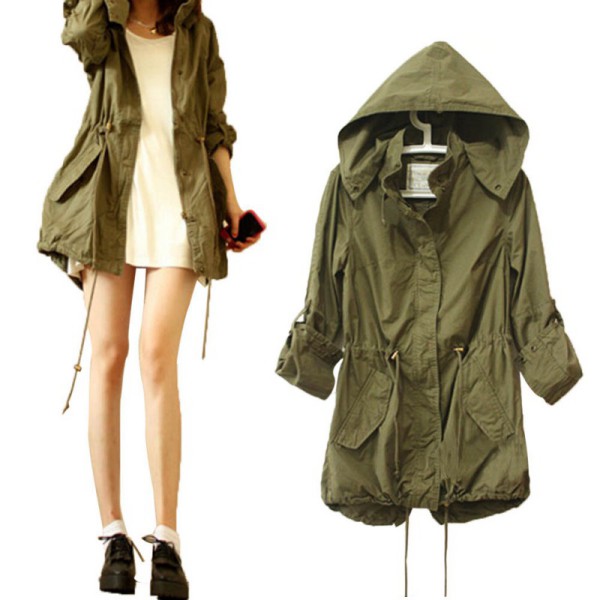 Fashion Women Hoodie Drawstring Army Green Military Trench Parka Jacket